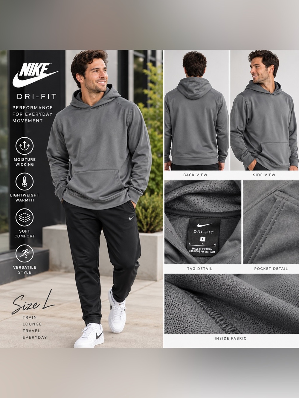 Nike Dri FIT Performance Hoodie Men’s Large Gray Pullover Athletic